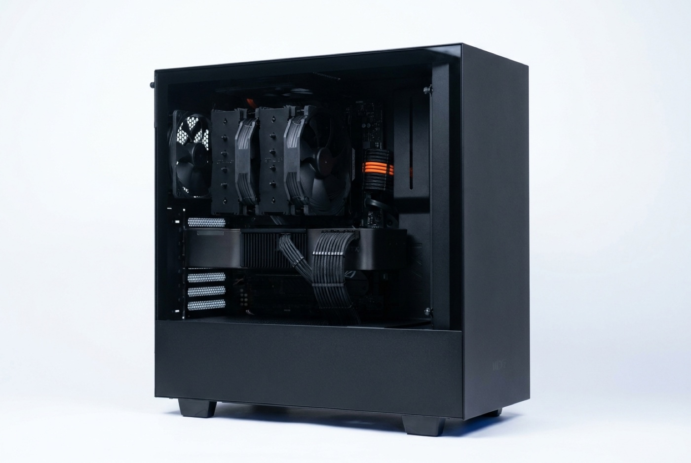The Foreman workstation, matte black mid-tower with tempered glass panel